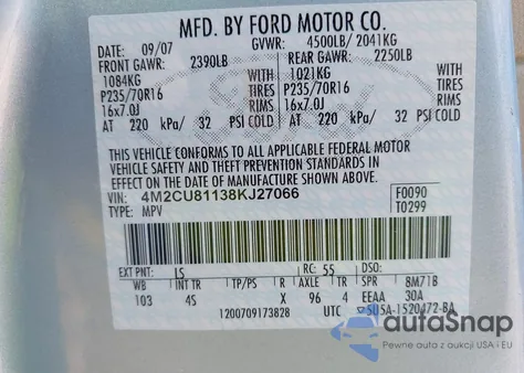 2008 Mercury Mariner из США, поврежденный, VIN 4M2CU81138KJ27066